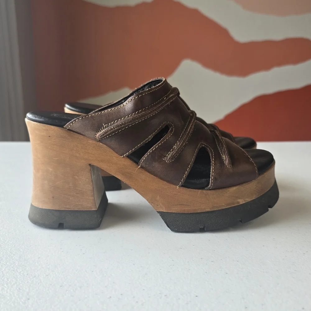 London Underground Platform Sandals‎ Wood Leather Slip On Retro Chunky 90s Bratz